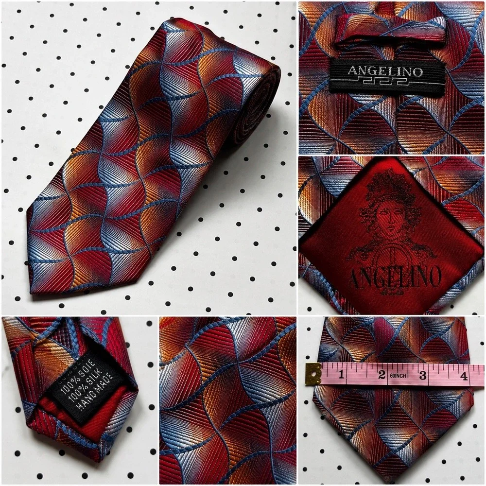 Handmade 100% Silk Necktie Red Orange Blue Geometric Wave Woven Pattern 4